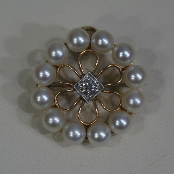 Jewelry - 14KW & Plat. Vintage Pearl & Diamond Pend-Brooch